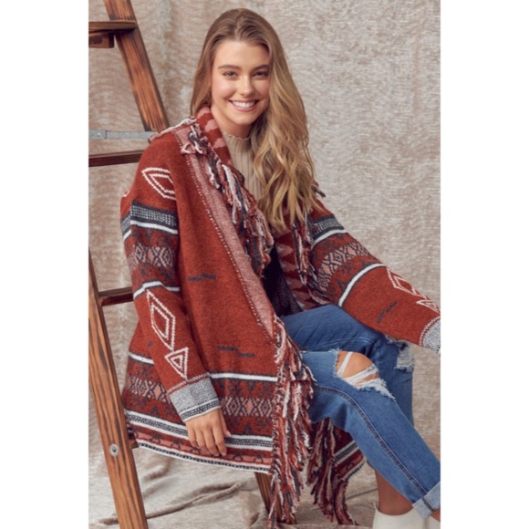 Sweaters - SOLD OUT Cowichan Boho Aztec Native Fringe Print Soft Knit Cardigan Sweater